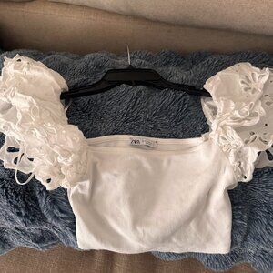Zara White top with Flutter Lace Sleeves Size S